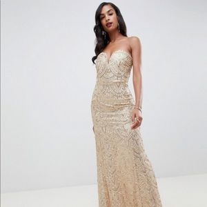 Sequin bandeau maxi dress in gold